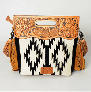 Ameican Darling Tooled Top Saddle Blanket Fringe Blk/Wh Purse ADBGS146V