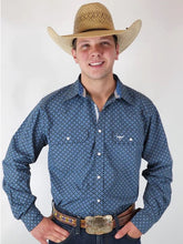 Load image into Gallery viewer, Drover Cowboy Threads Bandero Slate Grey/Blue Prt Pearl Snap