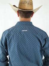 Load image into Gallery viewer, Drover Cowboy Threads Bandero Slate Grey/Blue Prt Pearl Snap