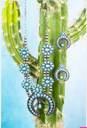 Turquoise Silver Pearl Squash Blossom Jewelry Set