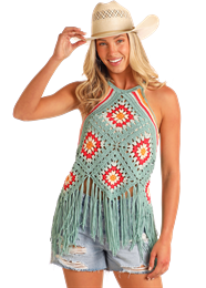 Rock & Roll Crochet Halter Top with Fringe BW20T05965