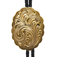 Load image into Gallery viewer, Engraved Gold Scalloped Oval German Silver Bolo Tie BT-529