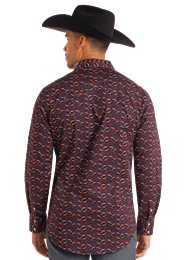 Rock & Roll Longhorn Printed LS Snap Navy BMN2S05458