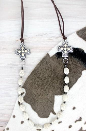 Icoon Howlite Beaded Double Square Cross Cord Necklace