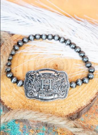 TIPI Branded Buckle Initial Silver Pearl Bracelet