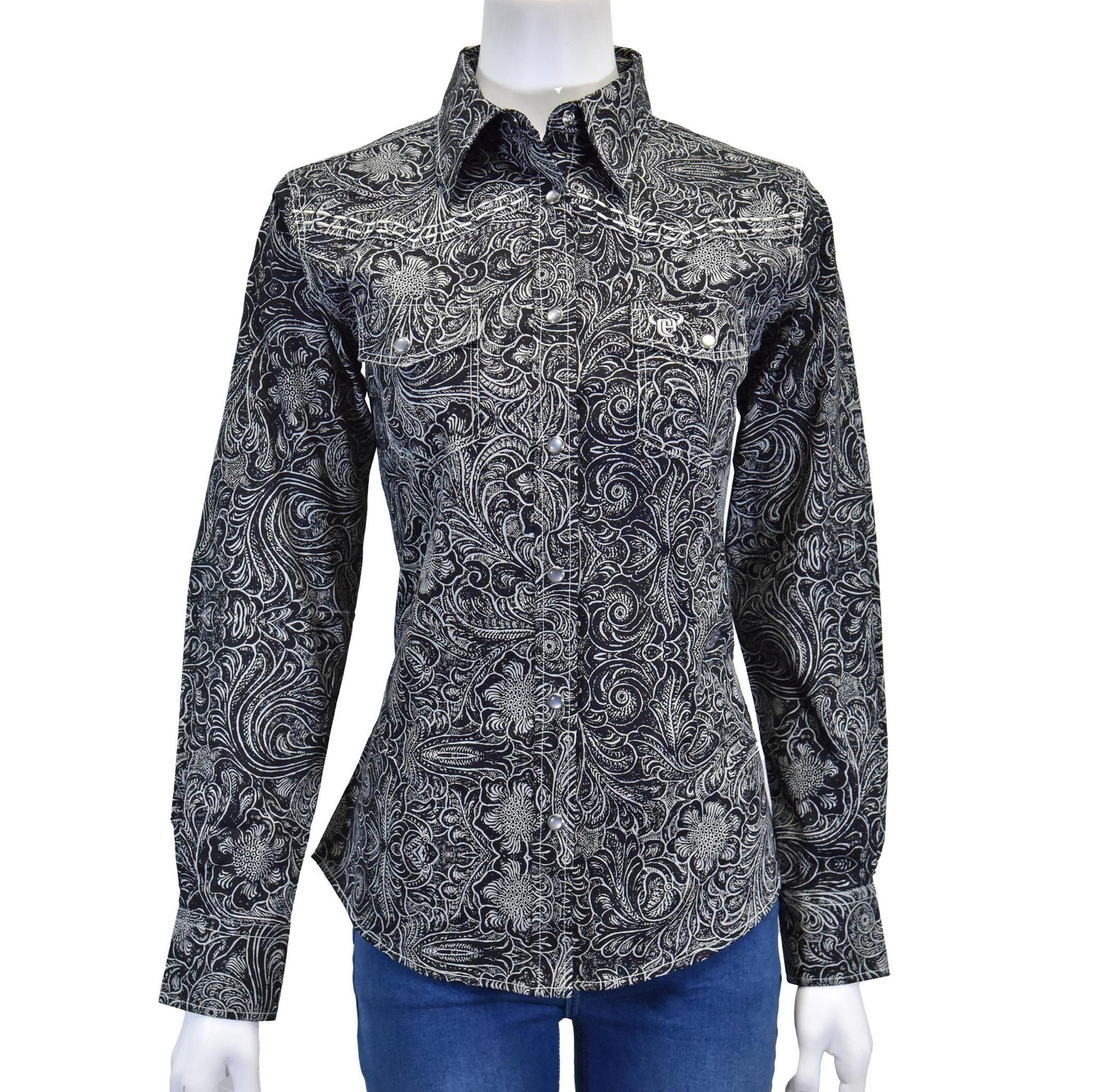 Cowgirl Hardware Ladies Tooled Floral LS Black 225673-010
