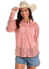 Load image into Gallery viewer, Rock &amp; Roll Rose Eyelet LS Boyfriend Shirt BWB2S06296
