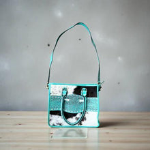 Load image into Gallery viewer, Western Linens Turquoise Tooled Leather &amp; Cowhide Tote Bag