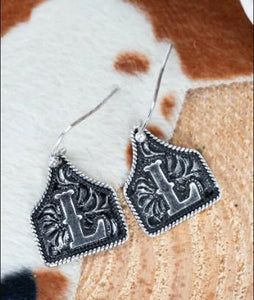 Tipi Cattle Tag Initial Silvertone Earrings