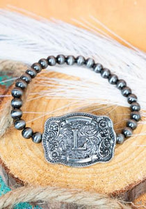 TIPI Branded Buckle Initial Silver Pearl Bracelet