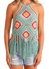Load image into Gallery viewer, Rock &amp; Roll Crochet Halter Top with Fringe BW20T05965