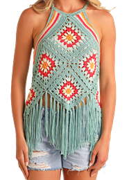 Rock & Roll Crochet Halter Top with Fringe BW20T05965