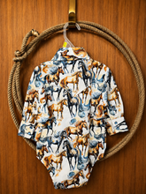 Load image into Gallery viewer, Cowgirl Hardware INF Running Horse L/S Romper Toned Natural 825672R-050-1