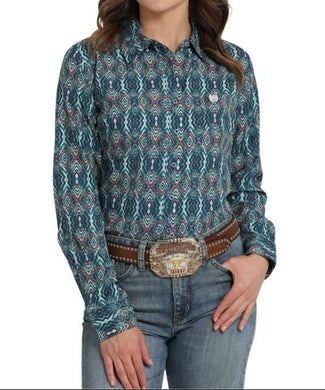 Cinch Women's ArenaFlex  Aztec Button Down Shirt Navy MSW9163033