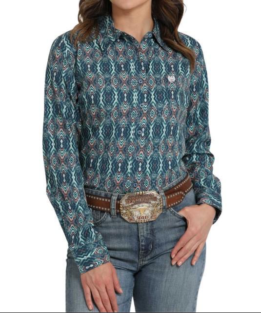 Cinch Women's ArenaFlex  Aztec Button Down Shirt Navy MSW9163033
