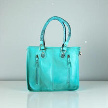 Load image into Gallery viewer, Western Linens Turquoise Tooled Leather &amp; Cowhide Tote Bag