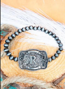 TIPI Branded Buckle Initial Silver Pearl Bracelet