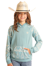 Load image into Gallery viewer, Rock &amp; Roll Girl&#39;s Southwest Contrast Hoodie Aqua BG94T05879