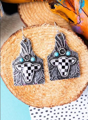 Tipi Rosy Checkered Cow Cattle Tag Earrings