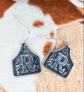 Tipi Cattle Tag Initial Silvertone Earrings