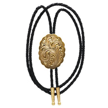 Load image into Gallery viewer, Engraved Gold Scalloped Oval German Silver Bolo Tie BT-529