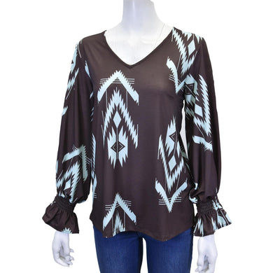 Cowgirl Hardware Aztec Vicose V-neck L/S Blouse Dk Chocolate 215507-661