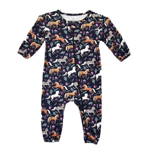 Cowgirl Hardware Infant Horse Flowers Print L/S Romper Black 826078-010