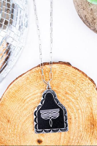 TIPI White Signature Stitches Black Cattle Tag Silvertone Necklace