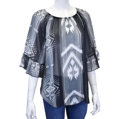 Cowgirl Hardware Vente Aztec Chiffon Bell Sleeve Top Gy/Blk 255417-010