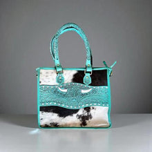 Load image into Gallery viewer, Western Linens Turquoise Tooled Leather &amp; Cowhide Tote Bag