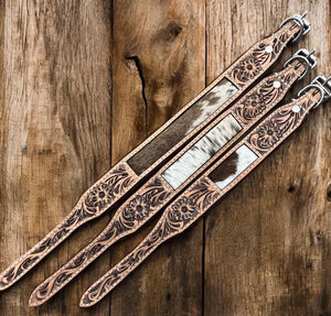 Western Linens Tan Cowhide & Tooled Dog Collars