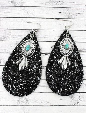 Black Glitter Teardrop with Squash Blossom Charm Earrings