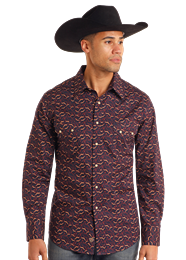 Rock & Roll Longhorn Printed LS Snap Navy BMN2S05458