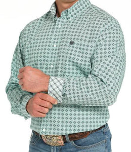 Cinch Mens Turquoise Print Long Sleeve Button Down- MTW1105930