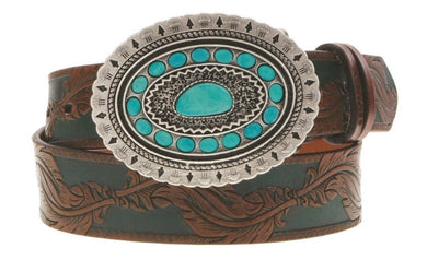 Hooey Feather Embossed Belt W/Faux Turq Buckle HWBLT002