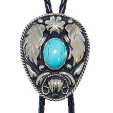 Load image into Gallery viewer, Western Express Bolo BT-214 Tq Stone Oval German Silver W/feathers