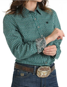 Cinch Womens L/S Teal Print MSW9165054