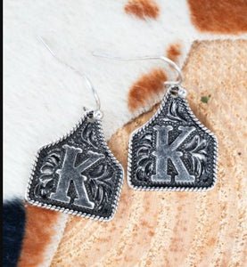 Tipi Cattle Tag Initial Silvertone Earrings