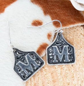Tipi Cattle Tag Initial Silvertone Earrings
