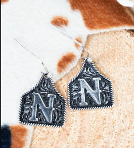 Tipi Cattle Tag Initial Silvertone Earrings