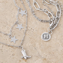 Load image into Gallery viewer, West &amp; Co. 16", 20", 22", Silver Layered Chain Necklace with Stars and Cowboy Boot N1487S