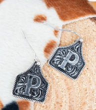 Load image into Gallery viewer, Tipi Cattle Tag Initial Silvertone Earrings