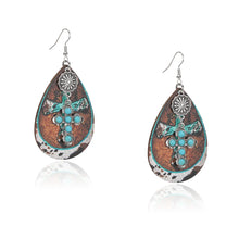 Load image into Gallery viewer, Rustic couture's RCE-1119 Rustic Couture's Stone Cross Tear Drop Embossed Wood Painted Pattern Earring - Turquoise