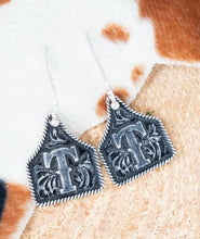 Load image into Gallery viewer, Tipi Cattle Tag Initial Silvertone Earrings