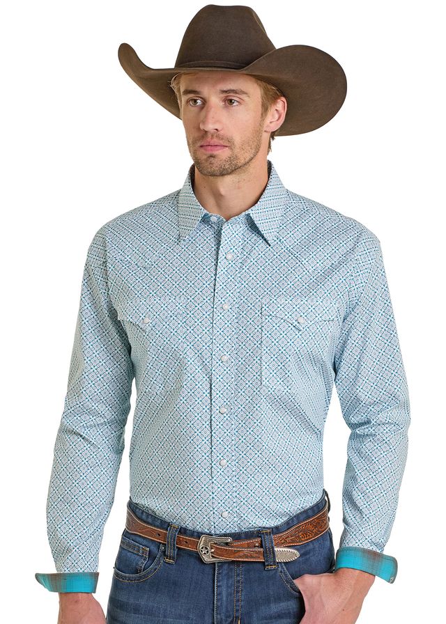 Panhandle Slim Men's Rough Stock LS Snap Wht/Turq  RMN2S07091