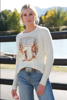 Cruel Denim Women's Cream Team Roping Graphic Sweater CTK7523001