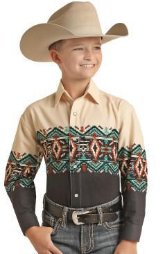 Panhandle Aztec Border Boys' L/S Shirt Natural PHBSOSRZ1T