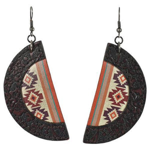 Justin Half Moon Earrings w/Brown tooled Leather & Aztec Prt 22187EJ2