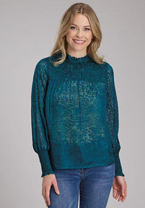 Roper Studio West Collection  Burnout Brasso Blouse Teal LS 0305005391003