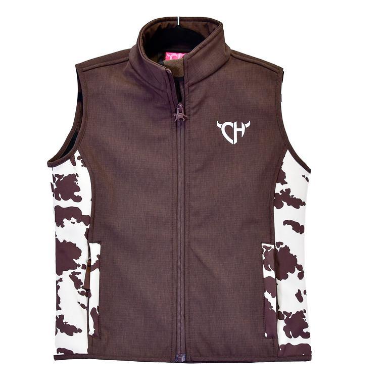 Cowgirl Hardware Yth Cow Print Accent Poly Shell Vest Dk Choc 487294-661